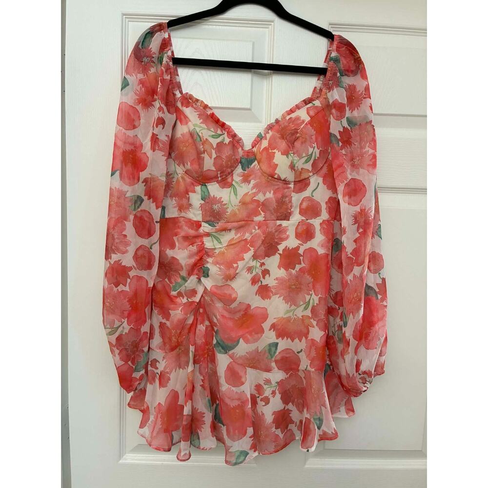 Vestique Large Floral Mini Dress‎ Pink Sheer Sleeve Ruched Front NWT